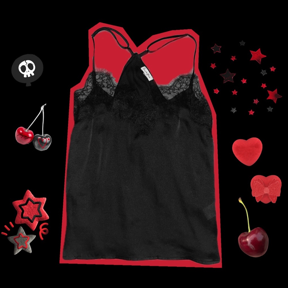 Black satin lace trim loose fitting racerback tank top
